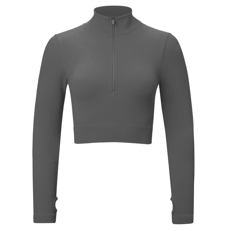 Gray Seamless Stand Collar Jacket with Pant Yoga Set TQK710415-11
