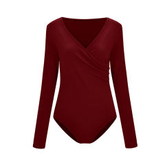Wine V Neck Long Sleeve Bodysuit TQK550147-103