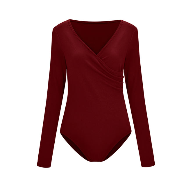 Wine V Neck Long Sleeve Bodysuit TQK550147-103