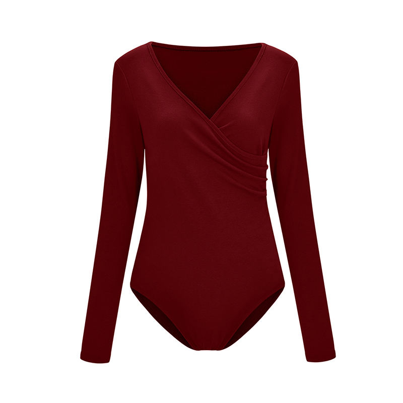 Wine V Neck Long Sleeve Bodysuit TQK550147-103