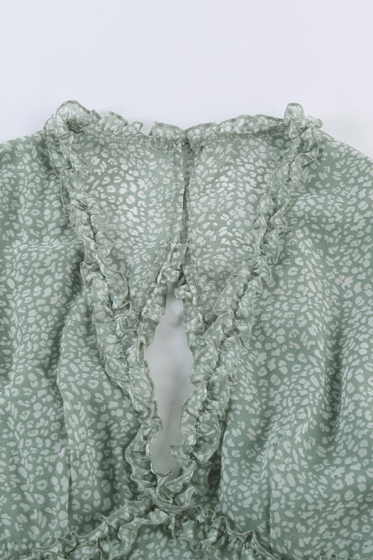 Green Ruffle Detailing Open Back Floral Dress LC220829-9