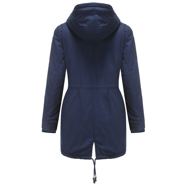 Navy Blue Waist Drawstring Plush Hooded Thick Parka Coat TQK280127-34
