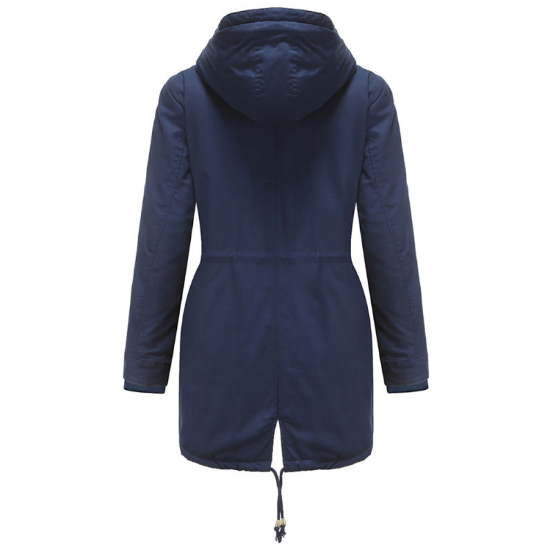 Navy Blue Waist Drawstring Plush Hooded Thick Parka Coat TQK280127-34