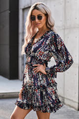 Blue Ruffle Detailing Open Back Floral Dress LC220829-5