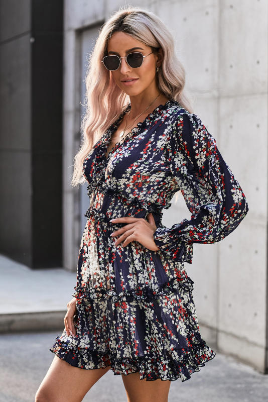 Blue Ruffle Detailing Open Back Floral Dress LC220829-5