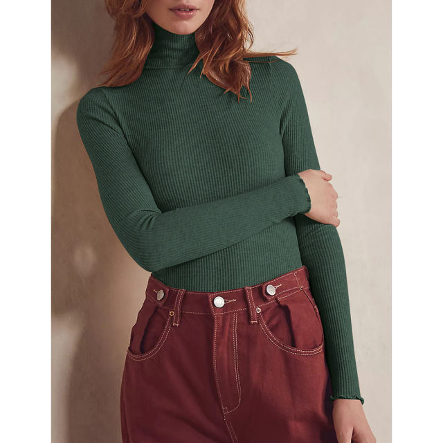 Green Ribbed High Collar Long Sleeve Bodysuit TQV220125-9