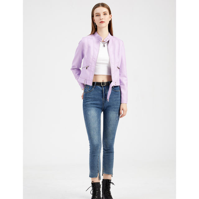 Light Purple PU Stand Collar Short Leather Jacket TQK280124-38