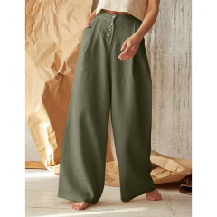 Army Green Cotton Linen Button High Waist Wide Leg Pants TQV510049-27
