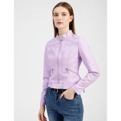 Light Purple PU Stand Collar Short Leather Jacket TQK280124-38
