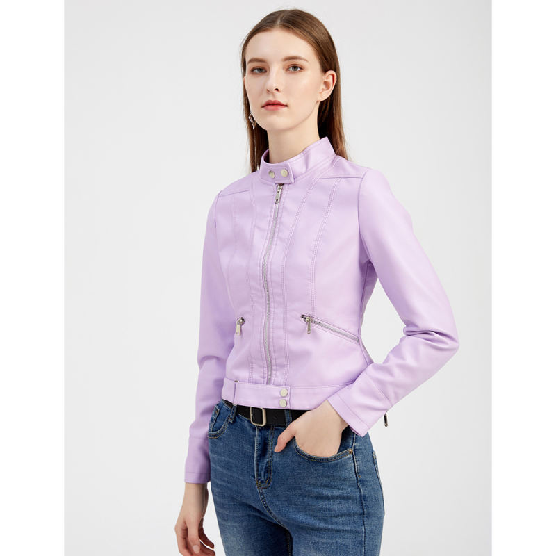 Light Purple PU Stand Collar Short Leather Jacket TQK280124-38