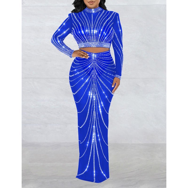 Blue Rhinestones Long Sleeve Crop with Maxi Skirt Set TQV810029-5