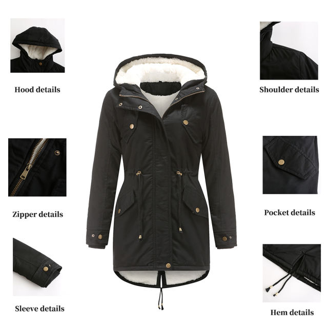 Black Waist Drawstring Plush Hooded Thick Parka Coat TQK280127-2