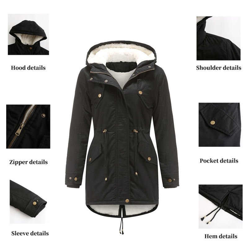 Black Waist Drawstring Plush Hooded Thick Parka Coat TQK280127-2