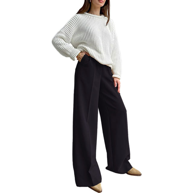 Black High Waisted Draped Wide Leg Pants TQV510042-2