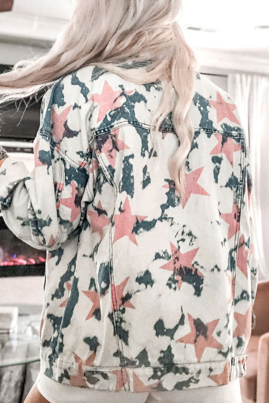 White Stars Tie Dye Print Buttoned Denim Jacket LC788208-1