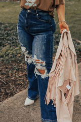 Blue High Waist Distressed Plus Size Jeans PL787066-5