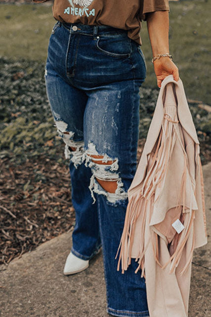 Blue High Waist Distressed Plus Size Jeans PL787066-5