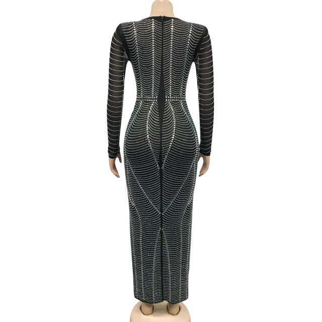 Black Padded Shoulder V Neck Rhinestones Mesh Maxi Dress TQK311225-2