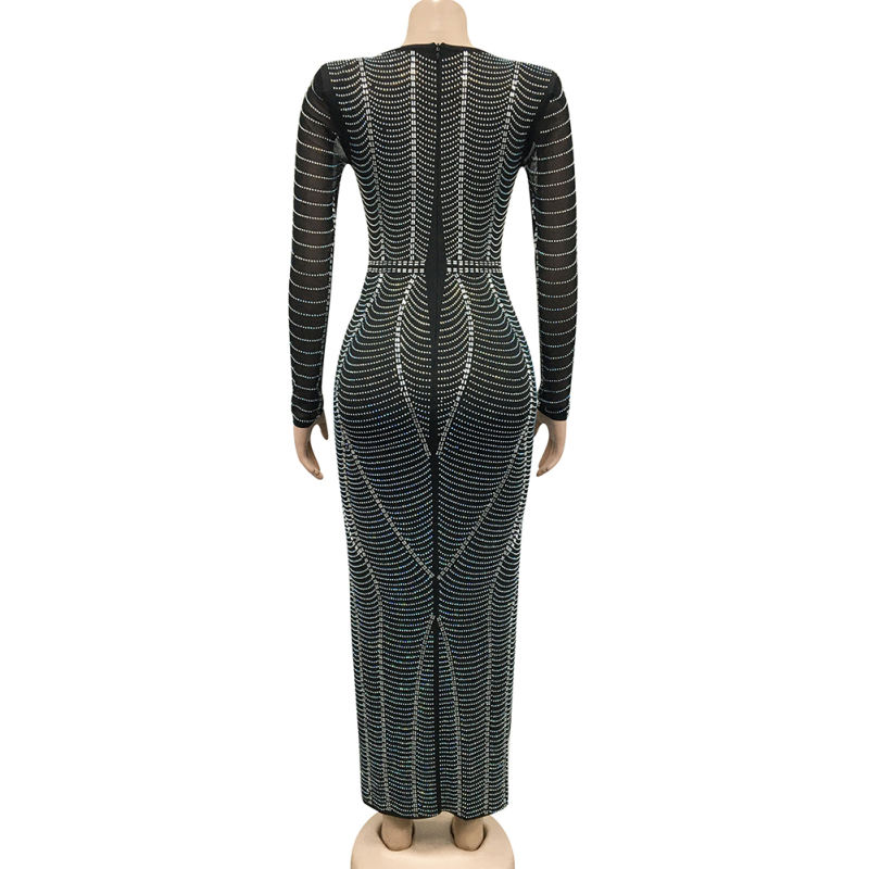 Black Padded Shoulder V Neck Rhinestones Mesh Maxi Dress TQK311225-2