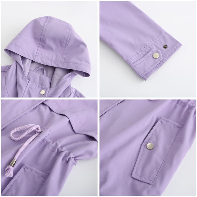 Light Purple Waist Drawstring Hooded Outdoor Rainproof Coat TQK280126-38