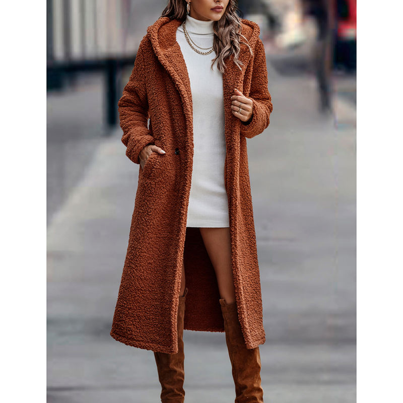 Caramel Open Front Long Sleeve Hooded Fleece Coat TQK280217-56