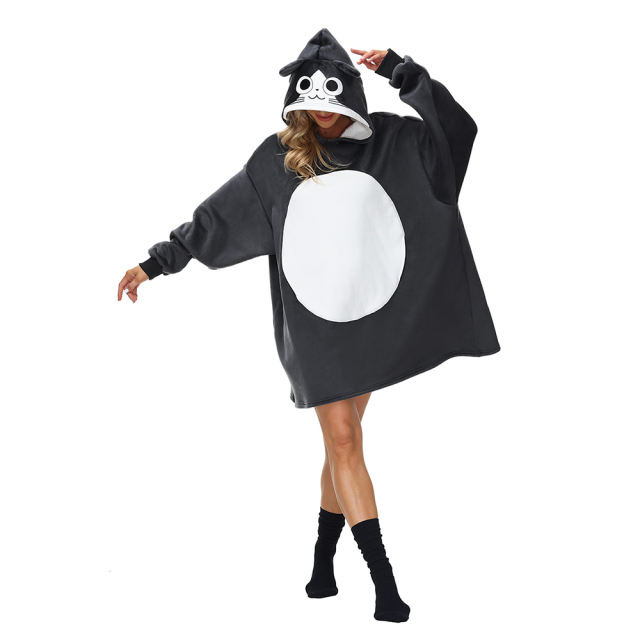 Dark Gray Cartoon Print Blanket Hoodie TQK230374-26