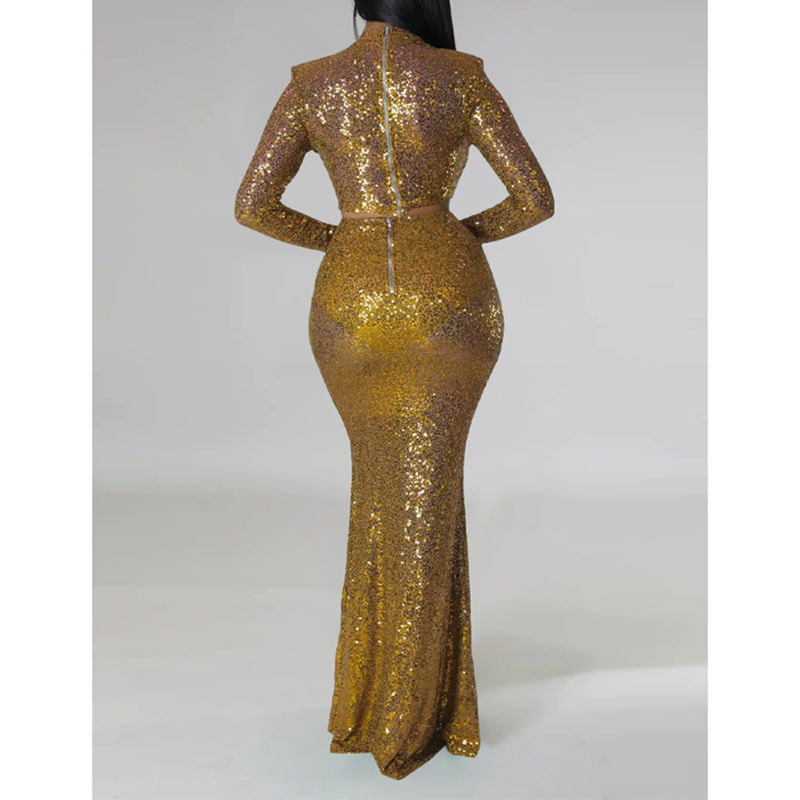 Gold Sequined Crop Top with Fishtail Skirt Set TQV810034-12