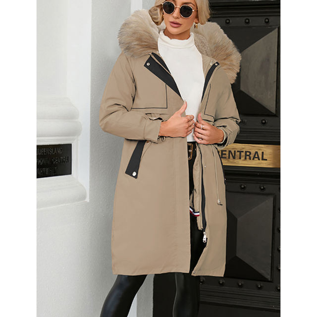 Brown Zipper Plush Collar Parker Thick Coat 2pcs Set  TQK280219-17