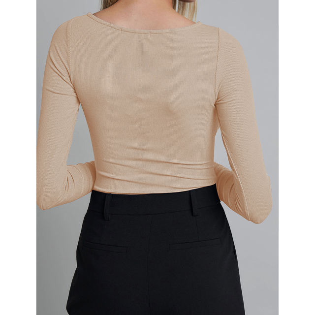 Apricot Ribbed Cut-out Long Sleeve Bodysuit TQV220110-18