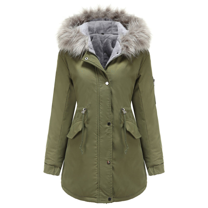 Army Green Fur Collar Drawstring Waist Warm Hooded Parka Coat TQK280130-27