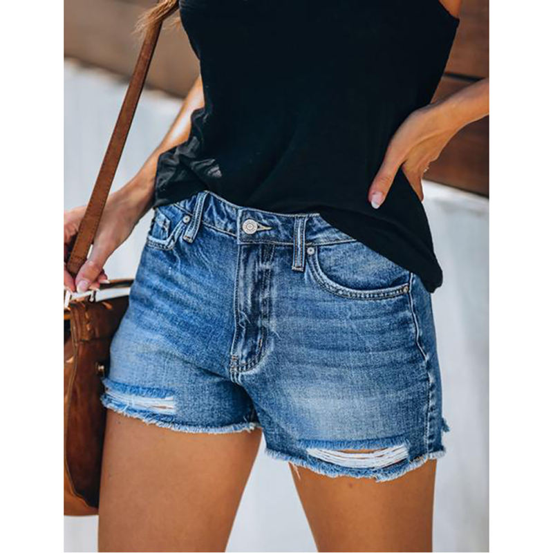 Blue Ripped Raw Hem Denim Shorts TQK530077-5