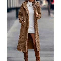 Camel Open Front Long Sleeve Hooded Fleece Coat TQK280217-58