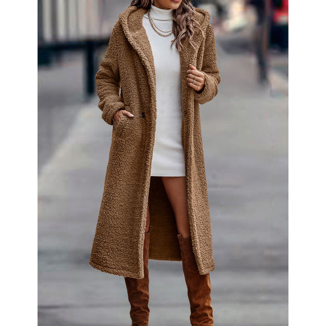 Camel Open Front Long Sleeve Hooded Fleece Coat TQK280217-58