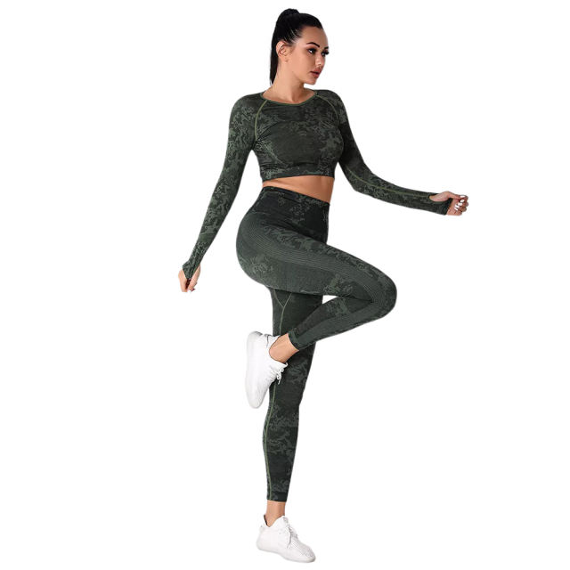 Army Green Camo Knit Seamless Long Sleeve Pant Yoga Set TQE91362-27