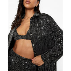 Black Sequined Shirt with Pant and Bra 3pcs Set TQF711062-2