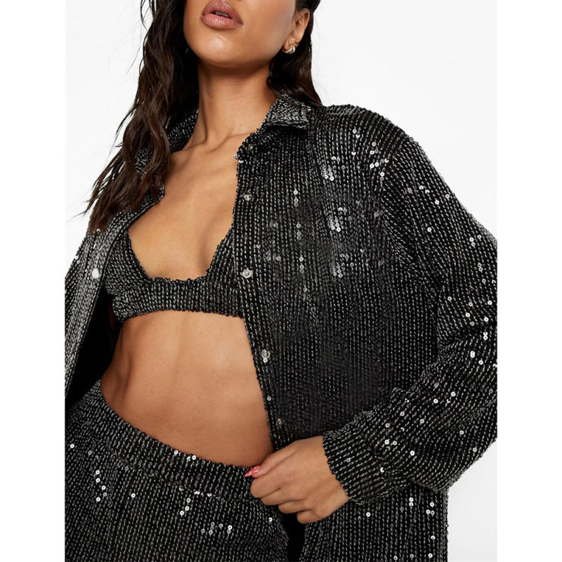 Black Sequined Shirt with Pant and Bra 3pcs Set TQF711062-2