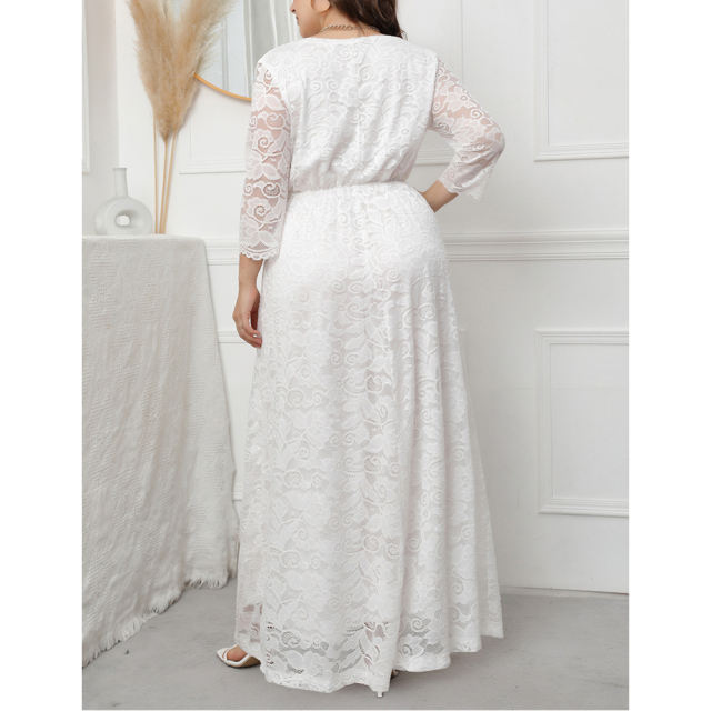 White V Neck Lace Plus Size Evening Dress TQV310004-1