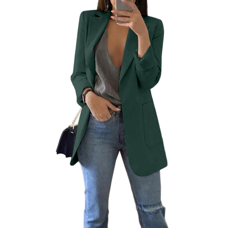 Dark Green Turndown Collar Blazer With Pockets TQK260012-36