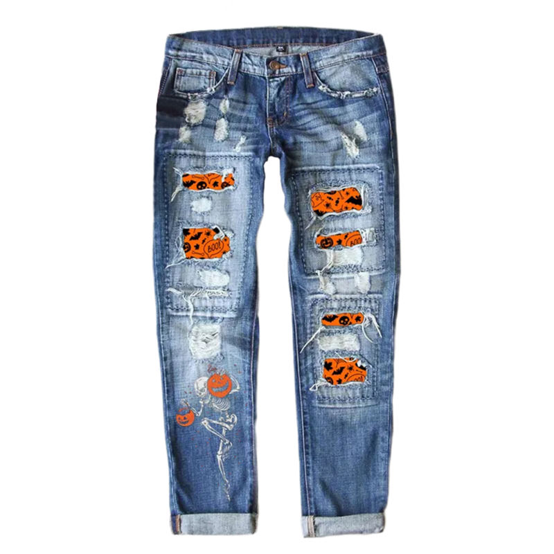 Blue Halloween Print Washed Ripped Wide Leg Jeans TQF511012-68