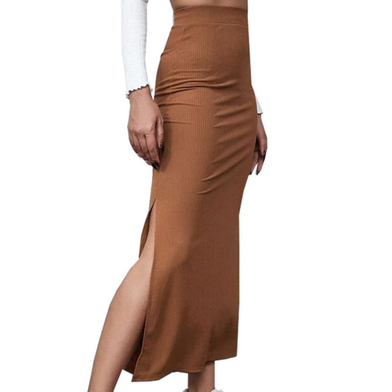 Brown Solid Split Bodycon Maxi Skirt TQV360058-17