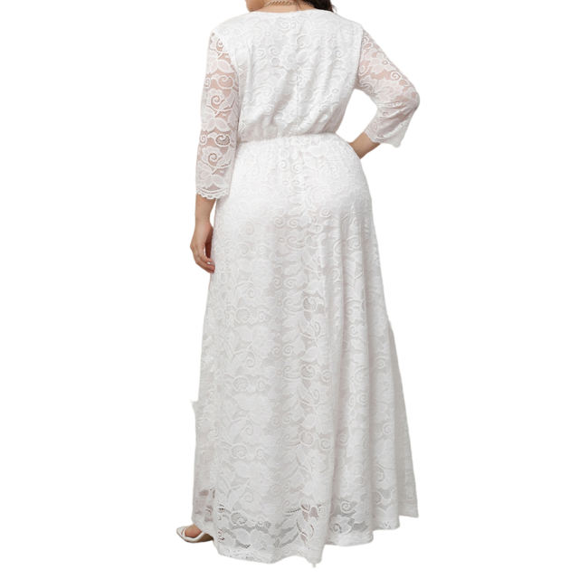White V-Neck Lace Plus Size Dress TQK310997-1