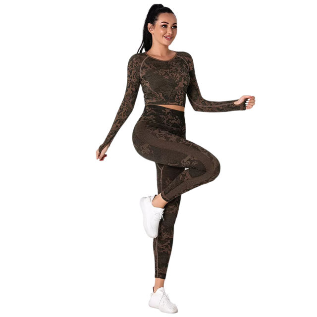 Yellow Camo Knit Seamless Long Sleeve Pant Yoga Set TQE91362-7