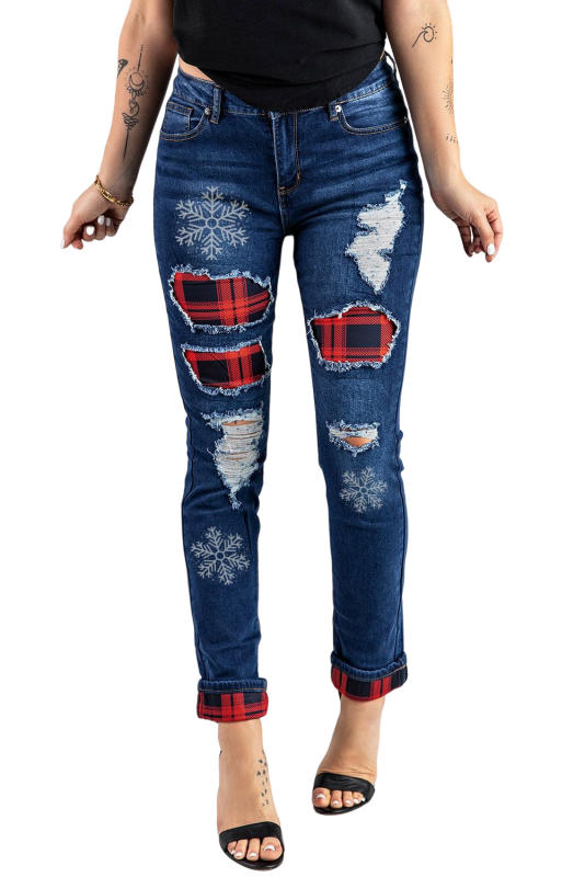 Red Snowflake Print Plaid Insert Distressed Ripped Jeans LC7872165-3