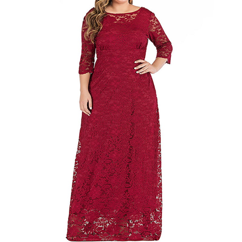 Wine Red 3/4 Sleeve High Waist Lace Plus Size Dress TQK310976-23