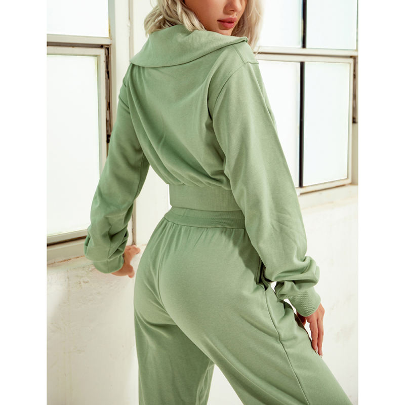 Green Zipper-up Cotton Sweatshirt with Pant Sports Set TQE91573-9