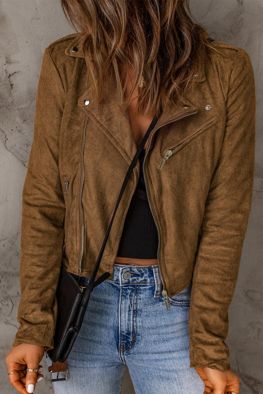 Brown Vegan Suede Zip Detail Moto Jacket LC8512406-17