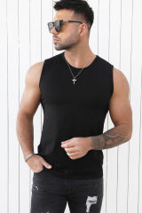 Black Solid O Neck Slim-fit Men\'s Tank Top MC256181-2