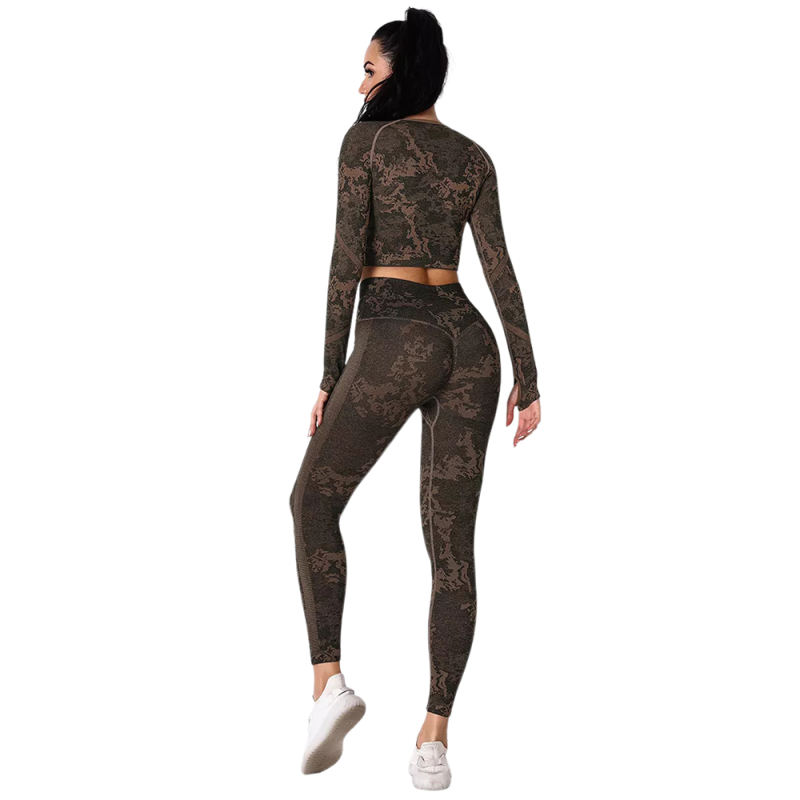 Yellow Camo Knit Seamless Long Sleeve Pant Yoga Set TQE91362-7