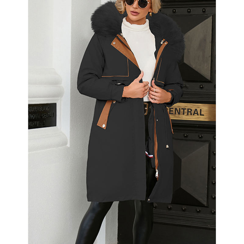 Black Zipper Plush Collar Parker Thick Coat 2pcs Set  TQK280219-2