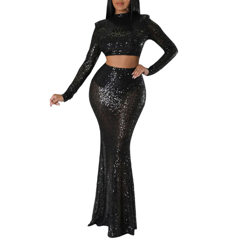 Black Sequined Crop Top with Fishtail Skirt Set TQV810034-2